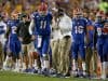Oct 12, 2019; Baton Rouge, LA, USA; Florida Gators head coach Dan Mullen talks to quarterback Kyle Trask (11) in the first quarter of their game against the LSU Tigers at Tiger Stadium. Mandatory Credit: Chuck Cook-USA TODAY Sports
