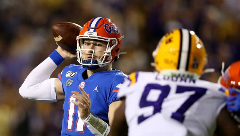 Oct 12, 2019; Baton Rouge, LA, USA; Florida Gators quarterback Kyle Trask (11) looks to throw against the LSU Tigers in the second quarter at Tiger Stadium. Mandatory Credit: Chuck Cook-USA TODAY Sports