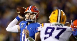 Oct 12, 2019; Baton Rouge, LA, USA; Florida Gators quarterback Kyle Trask (11) looks to throw against the LSU Tigers in the second quarter at Tiger Stadium. Mandatory Credit: Chuck Cook-USA TODAY Sports