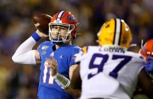 Oct 12, 2019; Baton Rouge, LA, USA; Florida Gators quarterback Kyle Trask (11) looks to throw against the LSU Tigers in the second quarter at Tiger Stadium. Mandatory Credit: Chuck Cook-USA TODAY Sports