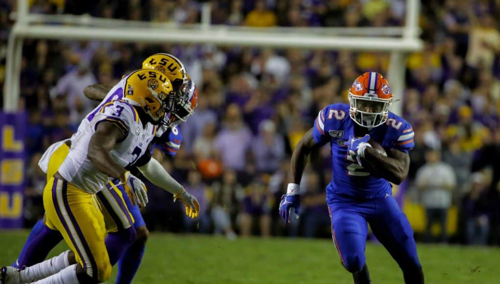 Oct 12, 2019; Baton Rouge, LA, USA; Florida Gators running back Lamical Perine (2) runs against the LSU Tigers during the first half at Tiger Stadium. Mandatory Credit: Derick E. Hingle-USA TODAY Sports