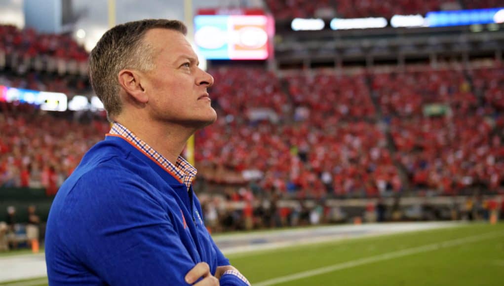 University of Florida athletic director Scott Stricklin watches from the sidelines during the Florida Gators game against Georgia in 2018- Florida Gators football- 1280x852