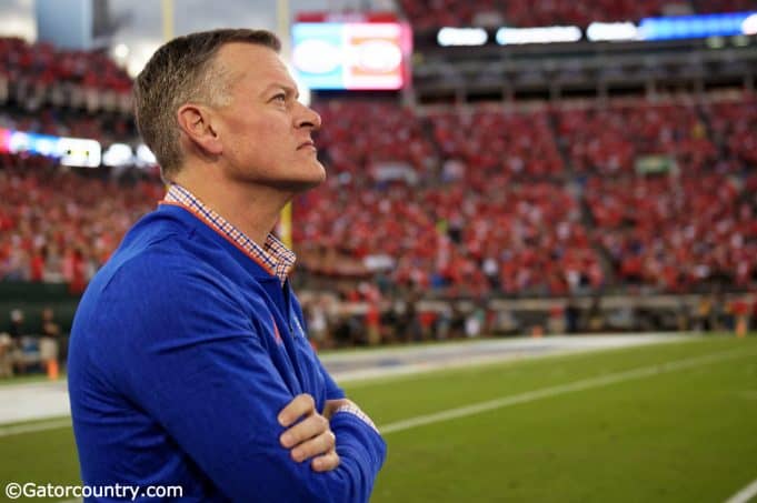 University of Florida athletic director Scott Stricklin watches from the sidelines during the Florida Gators game against Georgia in 2018- Florida Gators football- 1280x852