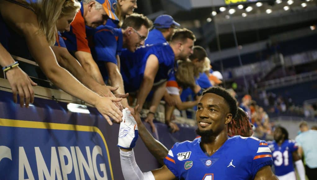 University of Florida cornerback CJ Henderson greeting fans after the Florida Gators win over Miami in the 2019 season opener- Florida Gators football- 1280x853