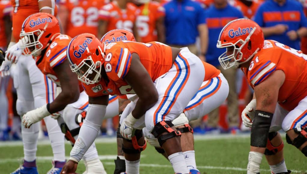 University of Florida offensive linemen Nick Buchannan (66) and Brett Heggie (61) line up during the Towson game- Florida Gators football- 1280x853