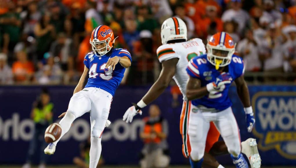 University of Florida punter Tommy Townsend punts the ball in the 2019 season opener against the Miami Hurricanes- Florida Gators football- 1280x853