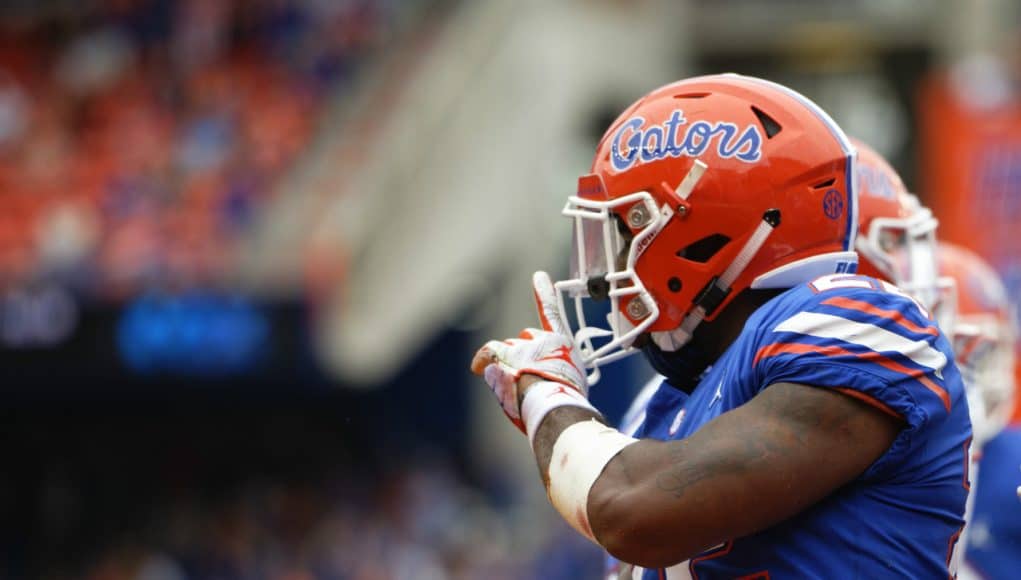 University of Florida running back Lamical Perine celebrates after a first down against South Carolina in 2018- Florida Gators football- 1280x853