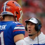 Florida Gators quarterback Kyle Trask talks to Dan Mullen during the UGA game- 1280x853