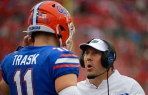 Florida Gators quarterback Kyle Trask talks to Dan Mullen during the UGA game- 1280x853