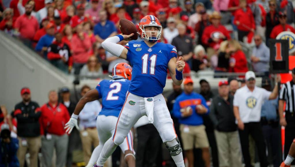 Florida Gators quarterback Kyle Trask throws a pass against Georgia- 1280x853