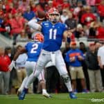 Florida Gators quarterback Kyle Trask throws a pass against Georgia- 1280x853