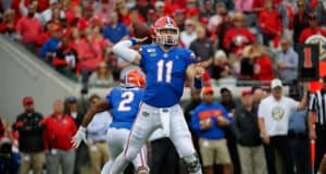 Florida Gators quarterback Kyle Trask throws a pass against Georgia- 1280x853