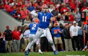 Florida Gators quarterback Kyle Trask throws a pass against Georgia- 1280x853