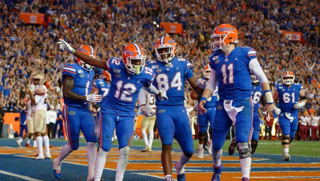 Florida Gators receiver Van Jefferson celebrates a touchdown against FSU- 1280x852