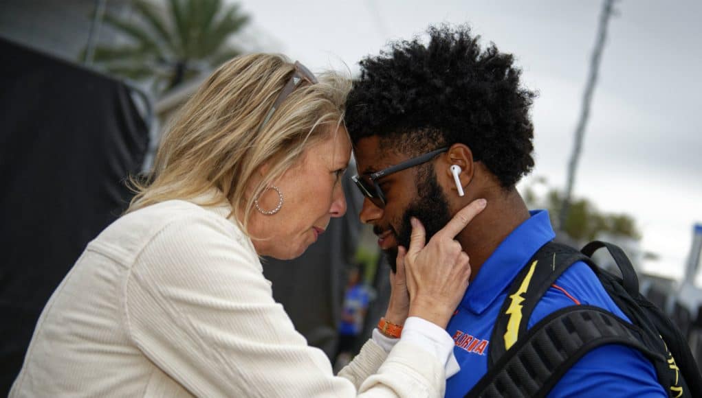 Florida Gators running back Lamical Perine with Meghan Mullen before the UGA game- 1280x853