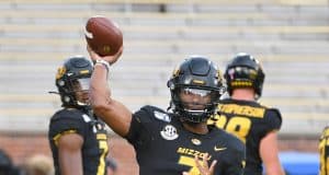 Oct 5, 2019; Columbia, MO, USA; Missouri Tigers quarterback Kelly Bryant (7) warms up before the game against the Troy Trojans at Memorial Stadium/Faurot Field. Mandatory Credit: Denny Medley-USA TODAY Sports