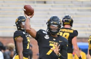 Oct 5, 2019; Columbia, MO, USA; Missouri Tigers quarterback Kelly Bryant (7) warms up before the game against the Troy Trojans at Memorial Stadium/Faurot Field. Mandatory Credit: Denny Medley-USA TODAY Sports