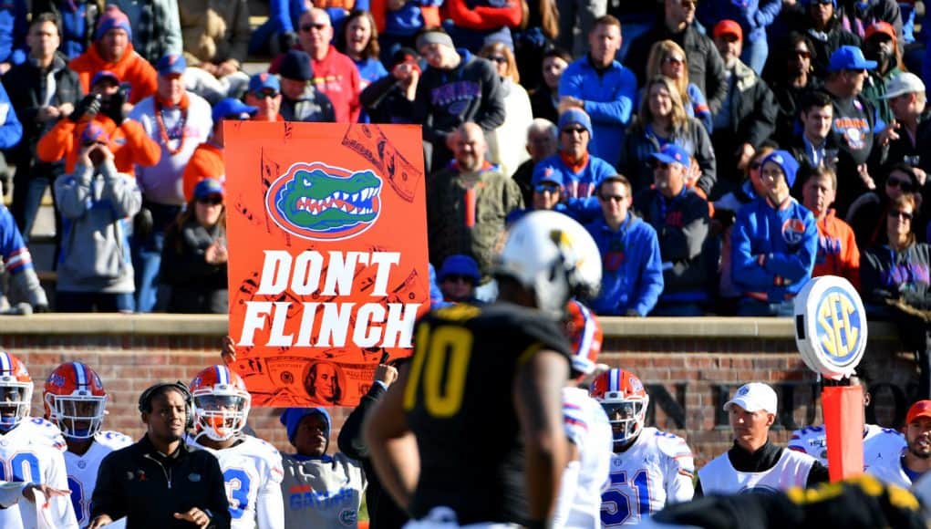 Nov 16, 2019; Columbia, MO, USA; A Florida Gators signaler holds up a sign on the sidelines during the second half against the Missouri Tigers at Memorial Stadium/Faurot Field. Mandatory Credit: Denny Medley-USA TODAY Sports