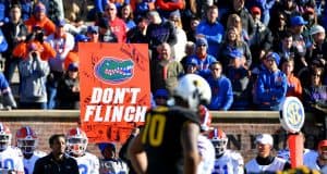 Nov 16, 2019; Columbia, MO, USA; A Florida Gators signaler holds up a sign on the sidelines during the second half against the Missouri Tigers at Memorial Stadium/Faurot Field. Mandatory Credit: Denny Medley-USA TODAY Sports