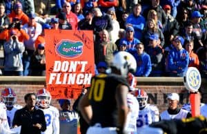 Nov 16, 2019; Columbia, MO, USA; A Florida Gators signaler holds up a sign on the sidelines during the second half against the Missouri Tigers at Memorial Stadium/Faurot Field. Mandatory Credit: Denny Medley-USA TODAY Sports