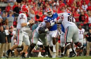 University of Florida defensive end Jon Greenard gets through the Georgia offensive line in pursuit of Jake Fromm- Florida Gators football- 1280x853