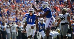 University of Florida defensive linemen Mohamoud Diabate and Jon Greenard celebrate Diabate’s first of two sacks against Vanderbilt- Florida Gators football- 1280x853