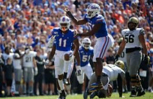 University of Florida defensive linemen Mohamoud Diabate and Jon Greenard celebrate Diabate’s first of two sacks against Vanderbilt- Florida Gators football- 1280x853