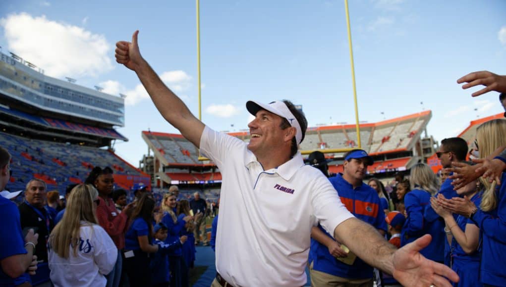 University of Florida head coach Dan Mullen walks off the field after a win over Vanderbilt at Ben Hill Griffin Stadium- Florida Gators football- 1280x853