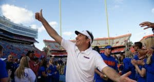 University of Florida head coach Dan Mullen walks off the field after a win over Vanderbilt at Ben Hill Griffin Stadium- Florida Gators football- 1280x853