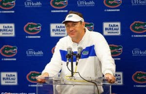 University of Florida head football coach Dan Mullen addresses the media after the Florida Gators’ 24-17 loss to Georgia- Florida Gators football- 1280x853