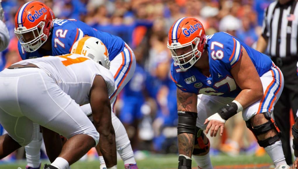 University of Florida offensive lineman Chris Bleich in his stance before the ball is snapped- Florida Gators football- 1280x853