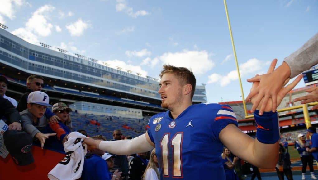 University of Florida quarterback Kyle Trask greets fans as he leaves the field following Florida’s 56-0 win over Vanderbilt- Florida Gators football- 1280x853