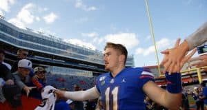 University of Florida quarterback Kyle Trask greets fans as he leaves the field following Florida’s 56-0 win over Vanderbilt- Florida Gators football- 1280x853