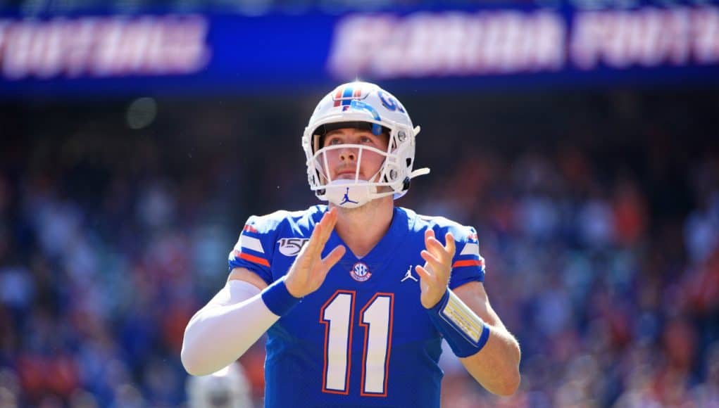 University of Florida quarterback Kyle Trask runs out on to the field before the Florida Gators game against Vanderbilt- Florida Gators football- 1280x853