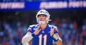University of Florida quarterback Kyle Trask runs out on to the field before the Florida Gators game against Vanderbilt- Florida Gators football- 1280x853
