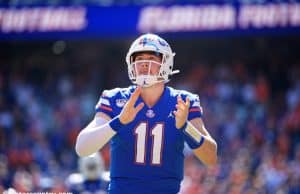 University of Florida quarterback Kyle Trask runs out on to the field before the Florida Gators game against Vanderbilt- Florida Gators football- 1280x853