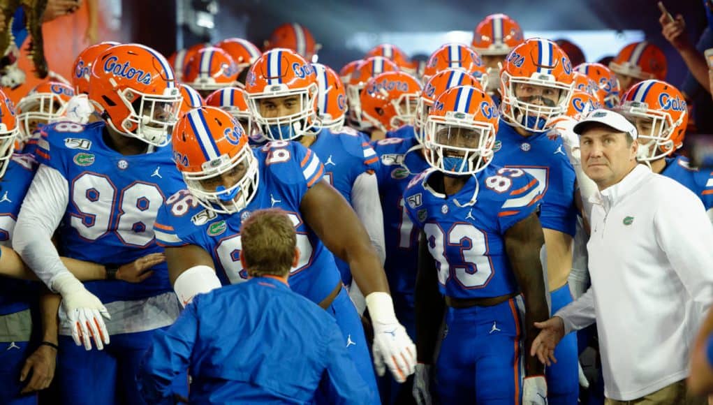 Florida Gators head coach Dan Mullen and the team before the FSU game in 2019- 1280x852