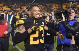 Dec 16, 2018; Pittsburgh, PA, USA; Pittsburgh Steelers cornerback Joe Haden (23) celebrates a win against the New England Patriots at Heinz Field. Mandatory Credit: Philip G. Pavely-USA TODAY Sports