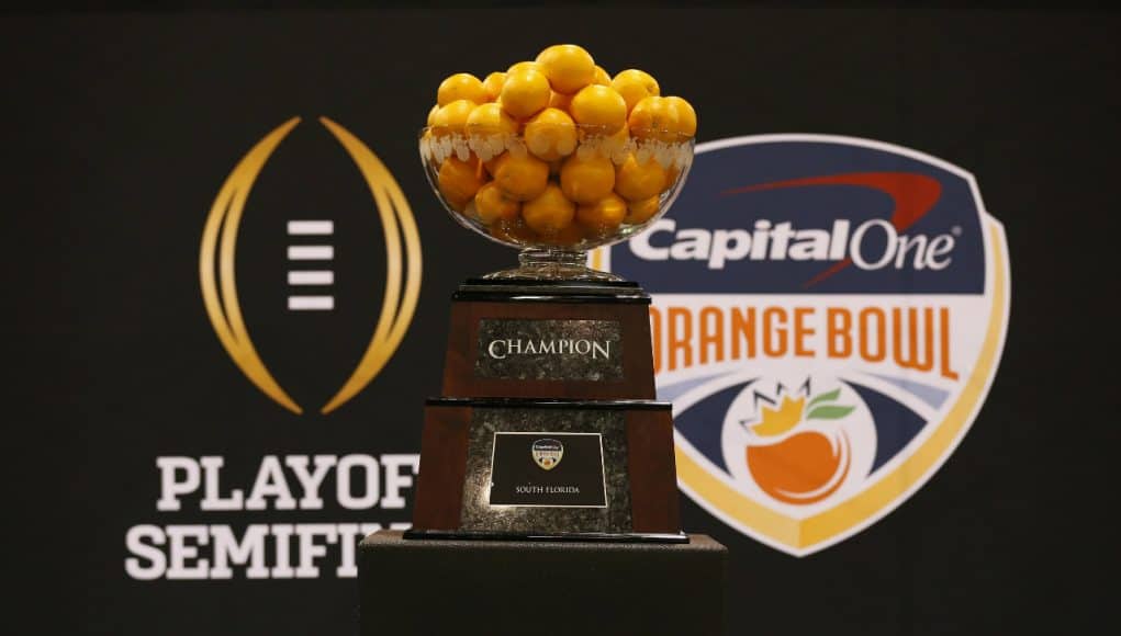Jan 9, 2016; Phoenix, AZ, USA; A general view of the Orange Bowl trophy at media day at Phoenix Convention Center. Mandatory Credit: Matthew Emmons-USA TODAY Sports