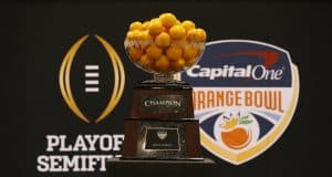 Jan 9, 2016; Phoenix, AZ, USA; A general view of the Orange Bowl trophy at media day at Phoenix Convention Center. Mandatory Credit: Matthew Emmons-USA TODAY Sports