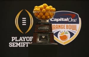 Jan 9, 2016; Phoenix, AZ, USA; A general view of the Orange Bowl trophy at media day at Phoenix Convention Center. Mandatory Credit: Matthew Emmons-USA TODAY Sports