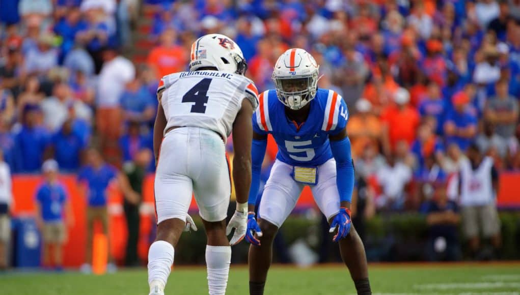 University of Florida cornerback Kaiir Elam lines up against Auburn receiver Noah Igbinoghene during the Gators’ homecoming win- Florida Gators football- 1280x853