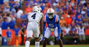 University of Florida cornerback Kaiir Elam lines up against Auburn receiver Noah Igbinoghene during the Gators’ homecoming win- Florida Gators football- 1280x853