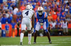 University of Florida cornerback Kaiir Elam lines up against Auburn receiver Noah Igbinoghene during the Gators’ homecoming win- Florida Gators football- 1280x853