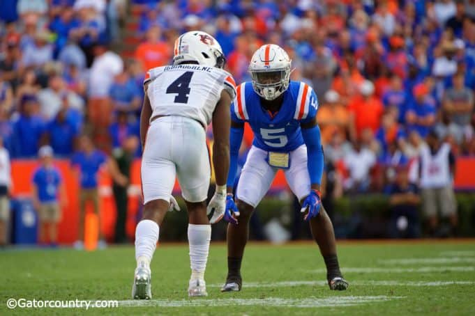 University of Florida cornerback Kaiir Elam lines up against Auburn receiver Noah Igbinoghene during the Gators’ homecoming win- Florida Gators football- 1280x853
