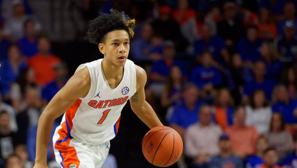 University of Florida freshman guard Tre Mann brings the ball up the court against Florida State- Florida Gators basketball- 1280x853