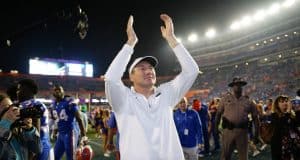 University of Florida head coach Dan Mullen celebrates after the Florida Gators 40-17 win over Florida State- Florida Gatos football- 1280x853