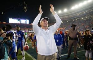 University of Florida head coach Dan Mullen celebrates after the Florida Gators 40-17 win over Florida State- Florida Gatos football- 1280x853