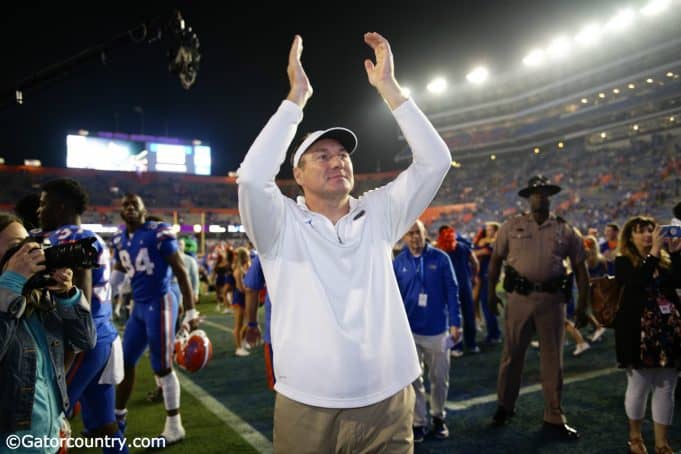 University of Florida head coach Dan Mullen celebrates after the Florida Gators 40-17 win over Florida State- Florida Gatos football- 1280x853