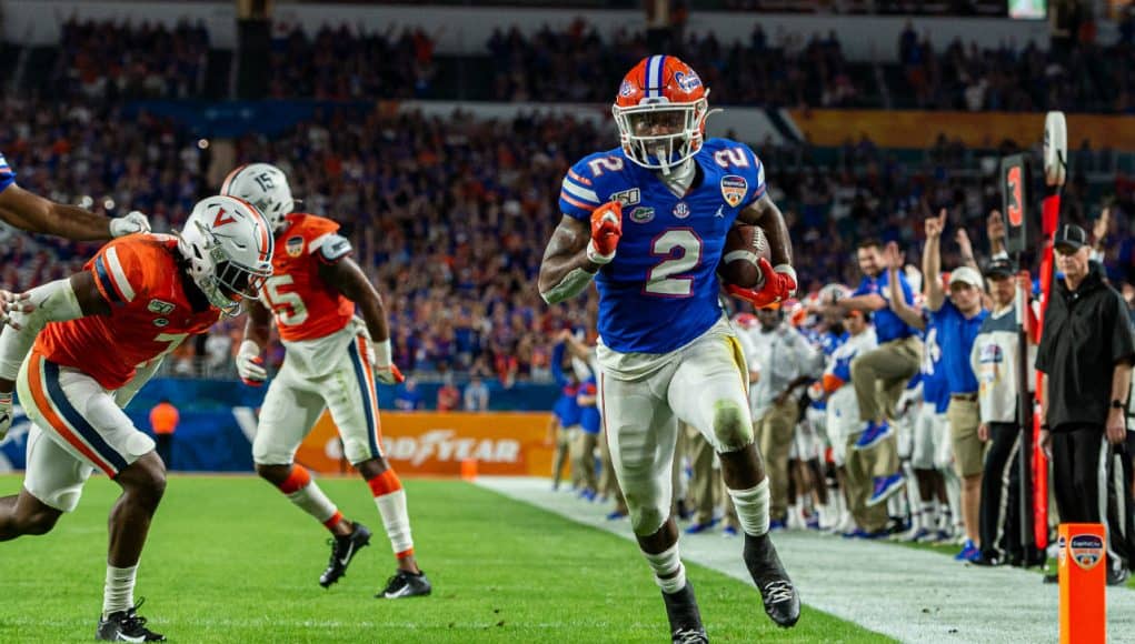 University of Florida running back Lamical Perine scores his first touchdown against Virginia in the Orange Bowl- Florida Gators football- 1280x852